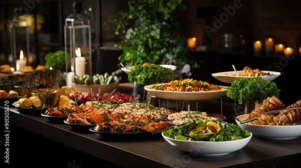 Fototapeta Catering buffet food on a long table in a hotel restaurant