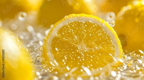 Obraz Fresh Lemon Slice with Water Droplets Close Up