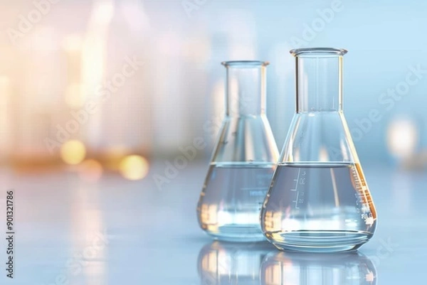 Obraz Two glass beakers filled with clear liquid, showcasing a modern laboratory setting with a soft, blurred background.