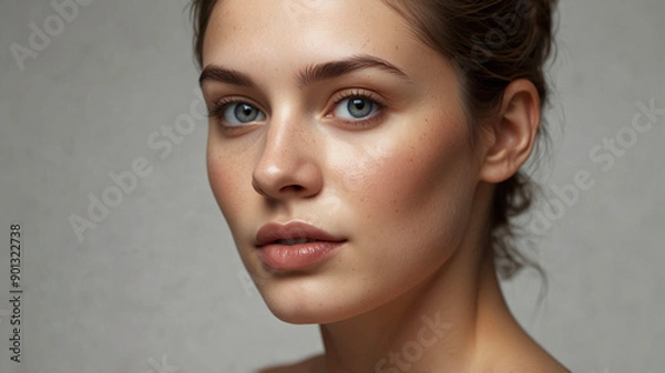Fototapeta A side profile portrait of a young woman with freckles and natural makeup, emphasizing her delicate and flawless complexion.