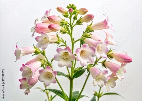 Fototapeta Delicate trumpet-shaped Penstemon flower with soft pink petals and white interior stands upright against a crisp white background, showcasing its elegant simplicity.