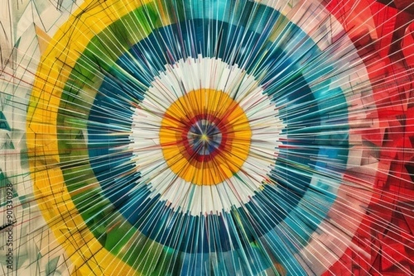 Fototapeta Geometric pattern made of thousands of colorful needles in red, white, yellow, blue, and green colors. 