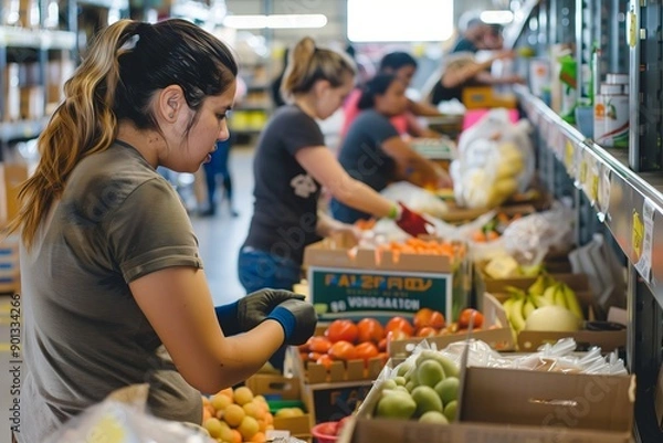 Fototapeta assistance at food warehouses, volunteers sorting, packing, and distributing food supplies to those in need