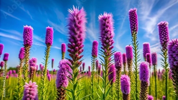 Fototapeta Vibrant purple spikes of liatris flowers bloom in a lush green meadow, delicate petals swaying gently in the summer breeze against a bright blue sky.