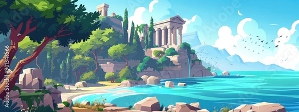 Fototapeta The Mediterranean coast with ancient temple, trees and rocks. Cartoon illustration.