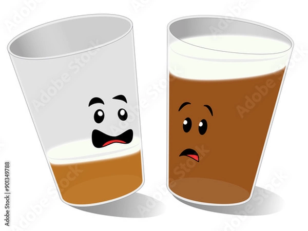 Fototapeta Two glasses of beer, one drunk and slyrring their words, one still sober and looking more concerned