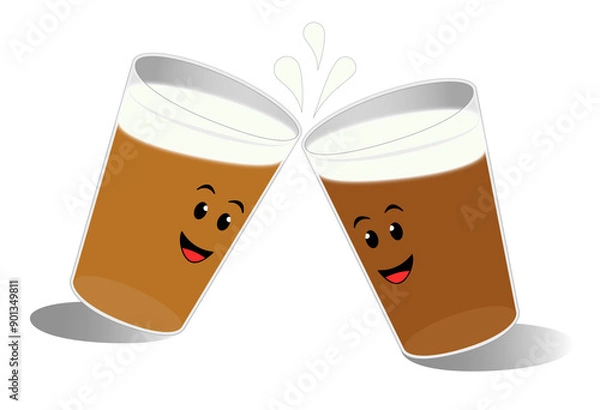Fototapeta Two full glasses of beer, clinking together and celebrating with smiling faces