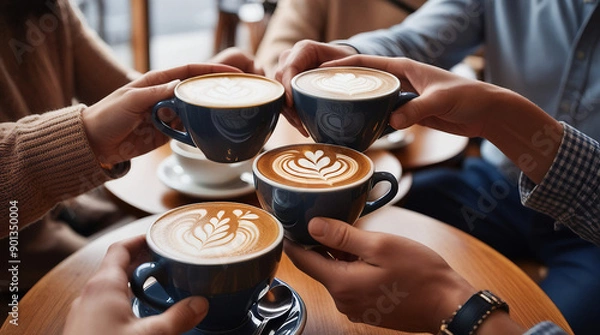 Obraz people holding coffee cups, showing hands with jewelry and watches, seated at a cafe table
