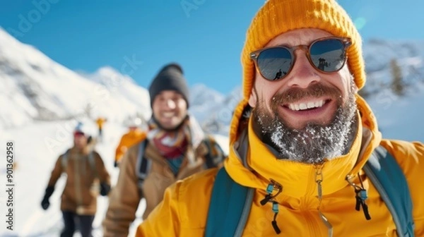 Fototapeta A man in a bright orange jacket with a cheerful smile, standing in a snowy mountain landscape with a group of hikers, showcasing the joy of outdoor winter adventures.