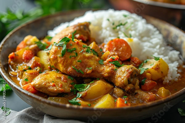Fototapeta Poulet DG, a popular Cameroonian chicken dish, featuring marinated chicken pieces cooked with a medley of vegetables including carrots, green beans, and plantains, creating a savory and slightly sweet