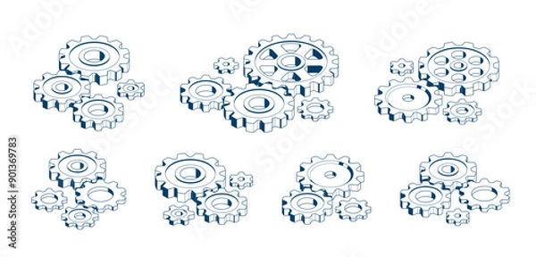 Fototapeta Industry and manufacturing concept set, gears and cogs composition isometric 3D vector illustration, cogwheels system technology and technics machinery engine.