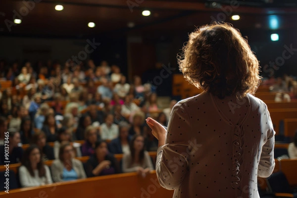 Obraz horizontal image of a lady doing a speech at a business conference in front of an attentive audience, view from behind