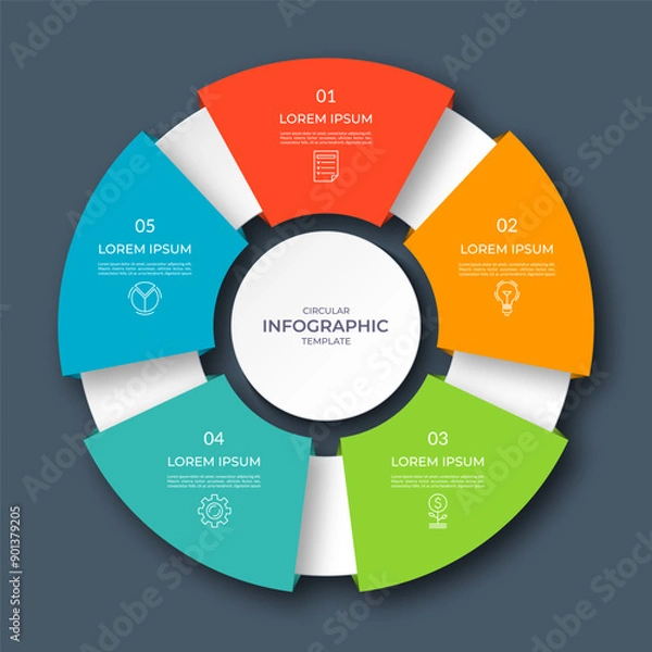 Obraz Infographic circular diagram with 3 options, parts. Five-step process chart with colorful segments, applicable for data visualization, presentation, business infographics.
