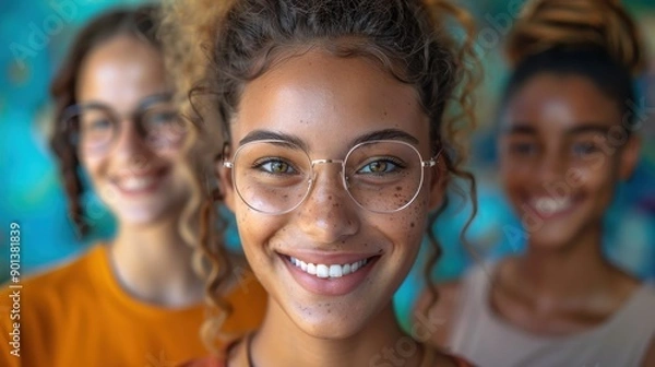 Obraz Three friends with diverse looks are smiling joyfully with a vibrant and colorful background, emphasizing their happiness and camaraderie in the image.