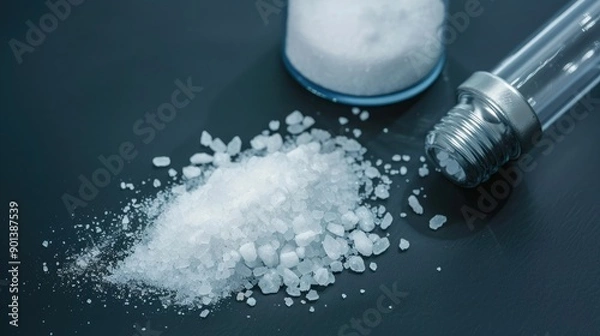 Fototapeta Close Up of Coarse and Fine Salt With Glass Container on Dark Surface