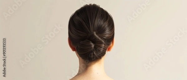 Fototapeta Elegant hairstyle with a sleek bun viewed from the back. Perfect for stock image showcasing haircare, beauty, and styling concepts.