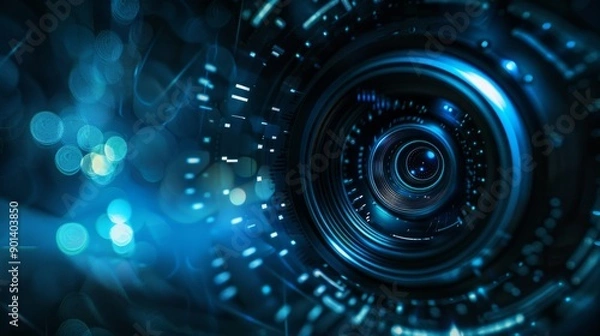 Fototapeta Image showcases a camera lens in deep blue hue with intricate digital patterns, evoking a futuristic feel in a dark background, creating a visually captivating effect.