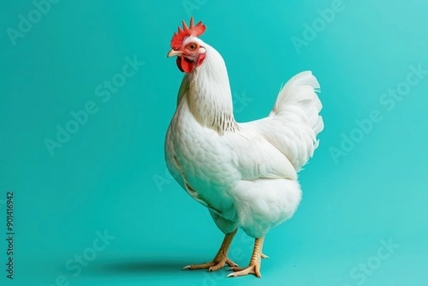 Fototapeta A white chicken stands confidently, showcasing its elegant features and striking red comb against a bright turquoise background.