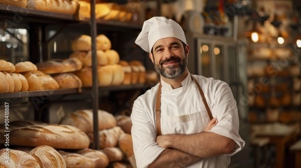 Fototapeta Handsome baker poses in bakery with breads and oven in the background. 