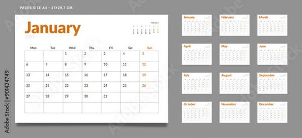 Fototapeta Set of 12 Pages Monthly Calendar Planner Templates on 2025 year. Vector mockup of a wall or desktop calendar with the week start on Monday for print. Pages size A4 -21x29.7cm