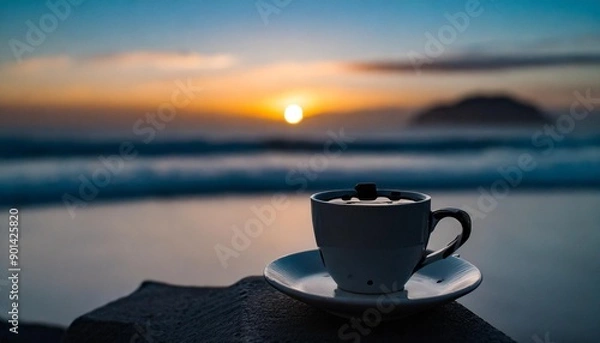 Fototapeta Enjoy a cup of coffee while watching the sun set at a villa on a beach