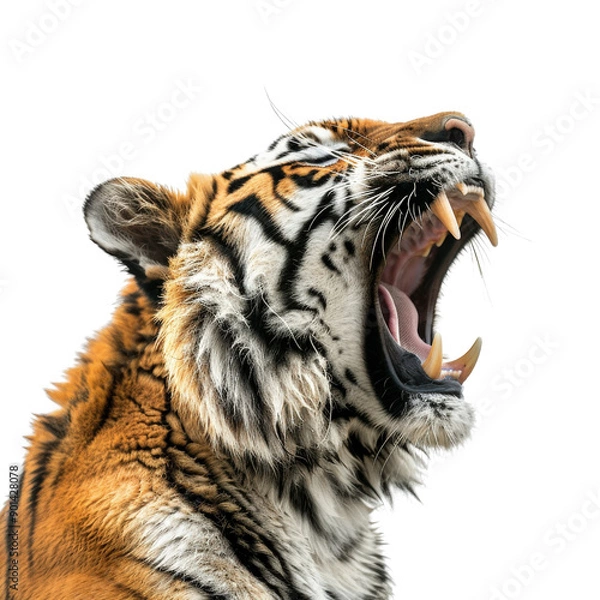 Fototapeta Close-up of a roaring tiger displaying its sharp teeth. Majestic animal showcasing strength and dominance in the wild.
