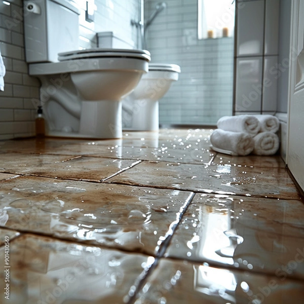 Obraz A bathroom with a toilet and two towels on the floor