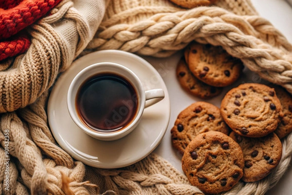 Obraz Flat Lay Coffee and Cookie Scene, White Cup, Cozy Setup, Elegant Coffee and Cookie Flat Lay, White Cup, Cozy Setting, Romantic Coffee Scene, Soft Lighting, Cozy Decor