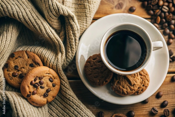Obraz Flat Lay Coffee and Cookie Scene, White Cup, Cozy Setup, Elegant Coffee and Cookie Flat Lay, White Cup, Cozy Setting, Romantic Coffee Scene, Soft Lighting, Cozy Decor