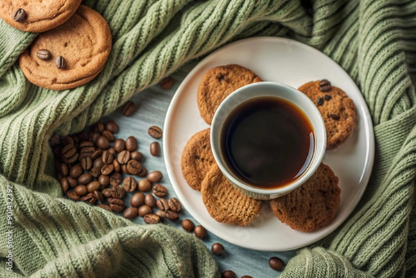 Obraz Flat Lay Coffee and Cookie Scene, White Cup, Cozy Setup, Elegant Coffee and Cookie Flat Lay, White Cup, Cozy Setting, Romantic Coffee Scene, Soft Lighting, Cozy Decor