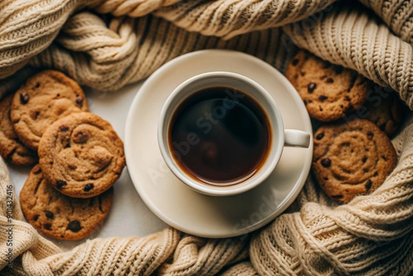 Obraz Flat Lay Coffee and Cookie Scene, White Cup, Cozy Setup, Elegant Coffee and Cookie Flat Lay, White Cup, Cozy Setting, Romantic Coffee Scene, Soft Lighting, Cozy Decor