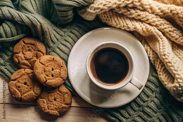 Obraz Flat Lay Coffee and Cookie Scene, White Cup, Cozy Setup, Elegant Coffee and Cookie Flat Lay, White Cup, Cozy Setting, Romantic Coffee Scene, Soft Lighting, Cozy Decor