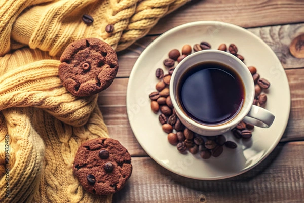 Obraz Flat Lay Coffee and Cookie Scene, White Cup, Cozy Setup, Elegant Coffee and Cookie Flat Lay, White Cup, Cozy Setting, Romantic Coffee Scene, Soft Lighting, Cozy Decor