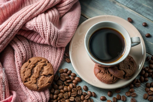 Obraz Flat Lay Coffee and Cookie Scene, White Cup, Cozy Setup, Elegant Coffee and Cookie Flat Lay, White Cup, Cozy Setting, Romantic Coffee Scene, Soft Lighting, Cozy Decor
