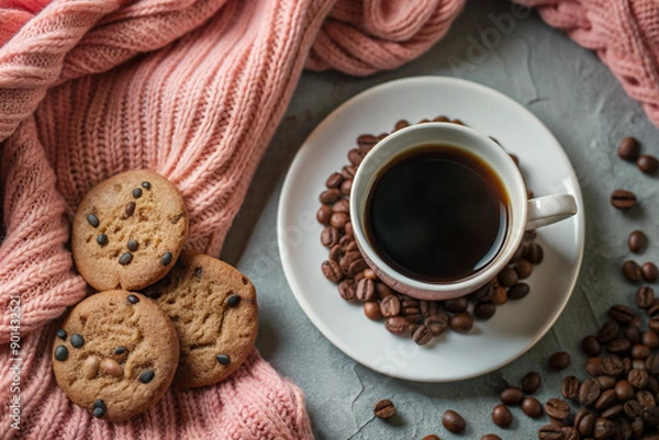 Obraz Flat Lay Coffee and Cookie Scene, White Cup, Cozy Setup, Elegant Coffee and Cookie Flat Lay, White Cup, Cozy Setting, Romantic Coffee Scene, Soft Lighting, Cozy Decor
