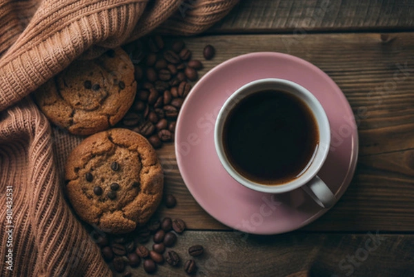 Obraz Flat Lay Coffee and Cookie Scene, White Cup, Cozy Setup, Elegant Coffee and Cookie Flat Lay, White Cup, Cozy Setting, Romantic Coffee Scene, Soft Lighting, Cozy Decor