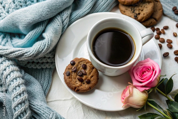 Obraz Flat Lay Coffee and Cookie Scene, White Cup, Cozy Setup, Elegant Coffee and Cookie Flat Lay, White Cup, Cozy Setting, Romantic Coffee Scene, Soft Lighting, Cozy Decor