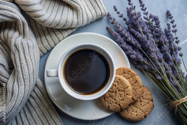 Obraz Flat Lay Coffee and Cookie Scene, White Cup, Cozy Setup, Elegant Coffee and Cookie Flat Lay, White Cup, Cozy Setting, Romantic Coffee Scene, Soft Lighting, Cozy Decor