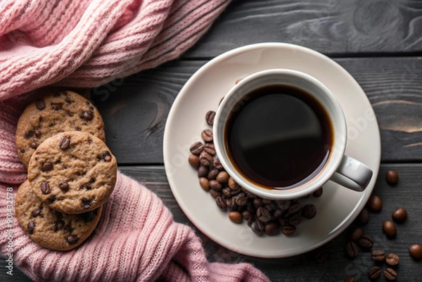 Obraz Flat Lay Coffee and Cookie Scene, White Cup, Cozy Setup, Elegant Coffee and Cookie Flat Lay, White Cup, Cozy Setting, Romantic Coffee Scene, Soft Lighting, Cozy Decor