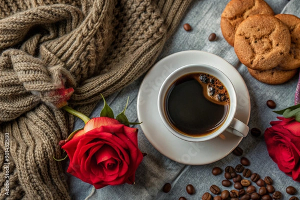 Obraz Flat Lay Coffee and Cookie Scene, White Cup, Cozy Setup, Elegant Coffee and Cookie Flat Lay, White Cup, Cozy Setting, Romantic Coffee Scene, Soft Lighting, Cozy Decor