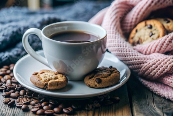 Obraz Flat Lay Coffee and Cookie Scene, White Cup, Cozy Setup, Elegant Coffee and Cookie Flat Lay, White Cup, Cozy Setting, Romantic Coffee Scene, Soft Lighting, Cozy Decor