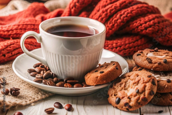 Obraz Flat Lay Coffee and Cookie Scene, White Cup, Cozy Setup, Elegant Coffee and Cookie Flat Lay, White Cup, Cozy Setting, Romantic Coffee Scene, Soft Lighting, Cozy Decor