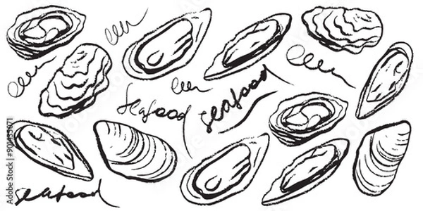 Fototapeta Isolated vector set of seafood. Mussels. Oysters. Hand drawn seafood delicacy, restaurant and marine cafe menu. Design template.	