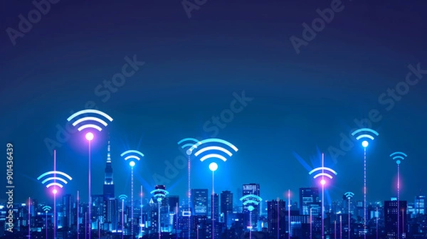 Obraz Wireless network and connection city. Generative Ai.