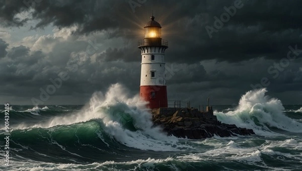 Fototapeta Stormy ocean waves surround a resilient lighthouse, showcasing the power and beauty of nature A dramatic scene of survival and strength.