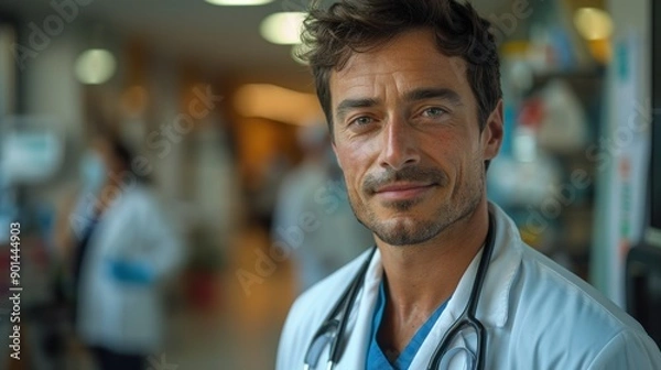 Fototapeta Medical professional with a stethoscope, wearing a white coat and blue scrubs, standing in a hospital corridor, looking confidently at the camera