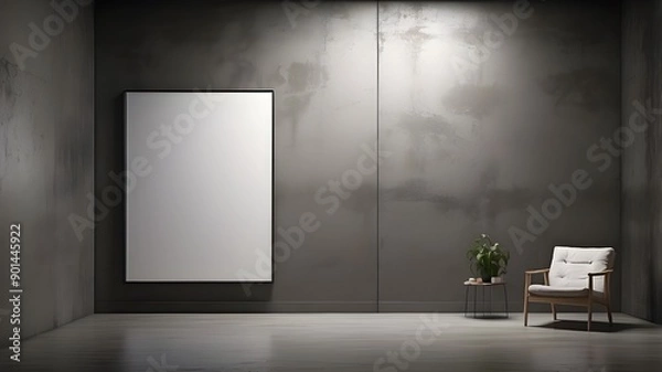 Fototapeta White poster with lighting on a dark concrete wall featuring a mock-up location. Concept for a grunge art museum. dimensions.