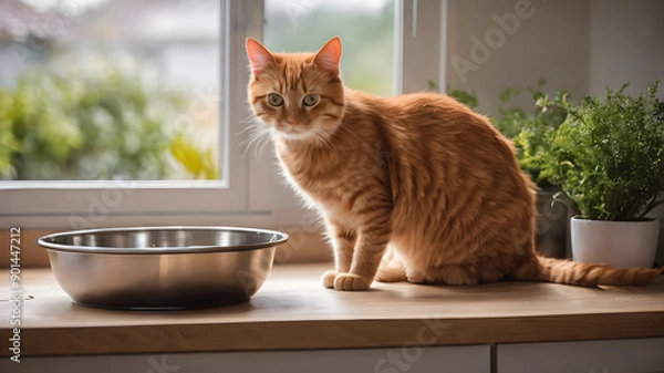 Fototapeta Orange cat eating in its bowl on wooden floor. Generative AI