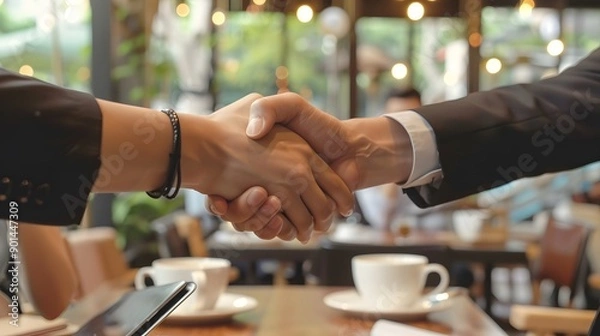 Obraz Cafe business people and shaking hands for teamwork