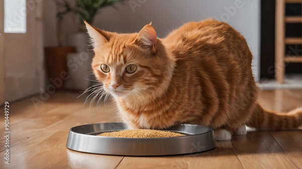 Fototapeta Orange cat eating in its bowl on wooden floor. Generative AI